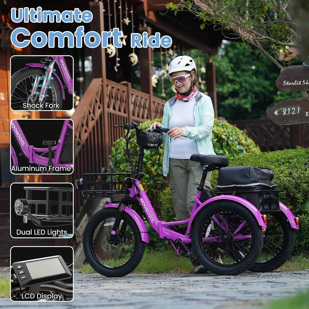 MOONCOOL TK1 Folding Electric Tricycle for Adults,48V 14.5Ah Removable battery, 500W"Peak 1000w"Motor, 20" Fat Tire Step-Thru 3Wheel Electric Bicycle w/Front&Rear Baskets, Certified to UL 2849 by SGS