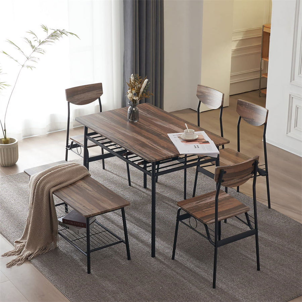 6-Piece Dining Table and Chair Set, Includes 1 Table, 1 Bench and 4 Chairs, Rectangular Kitchen Table and Armless Chairs, Compact Chairs with Curved Backrest for Dining Room