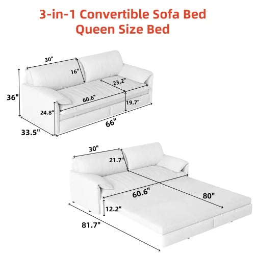 66" Queen Pull Out Sofa Bed, 3-in-1 Convertible Sleeper Sofa with Side Storage,Multi-Functional Velvet Loveseat Bed for Living Room,Bedroom