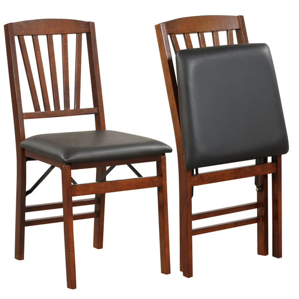 Spaco Set of 2 Folding Chairs with Padded Seat and Rubber Wood Frame-Brown, Lounge Chair, Dining Room Chair for Kitchen, Dining, Bedroom, Living