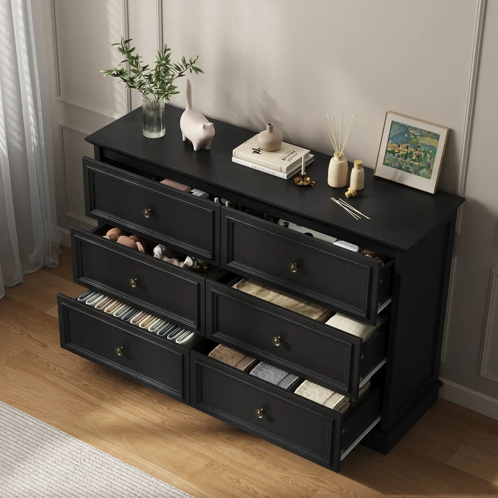 IDEALSOUL Black Dresser,6 Drawer Dresser for bedroom,Retro Wood Storage Cabinet for Living Room