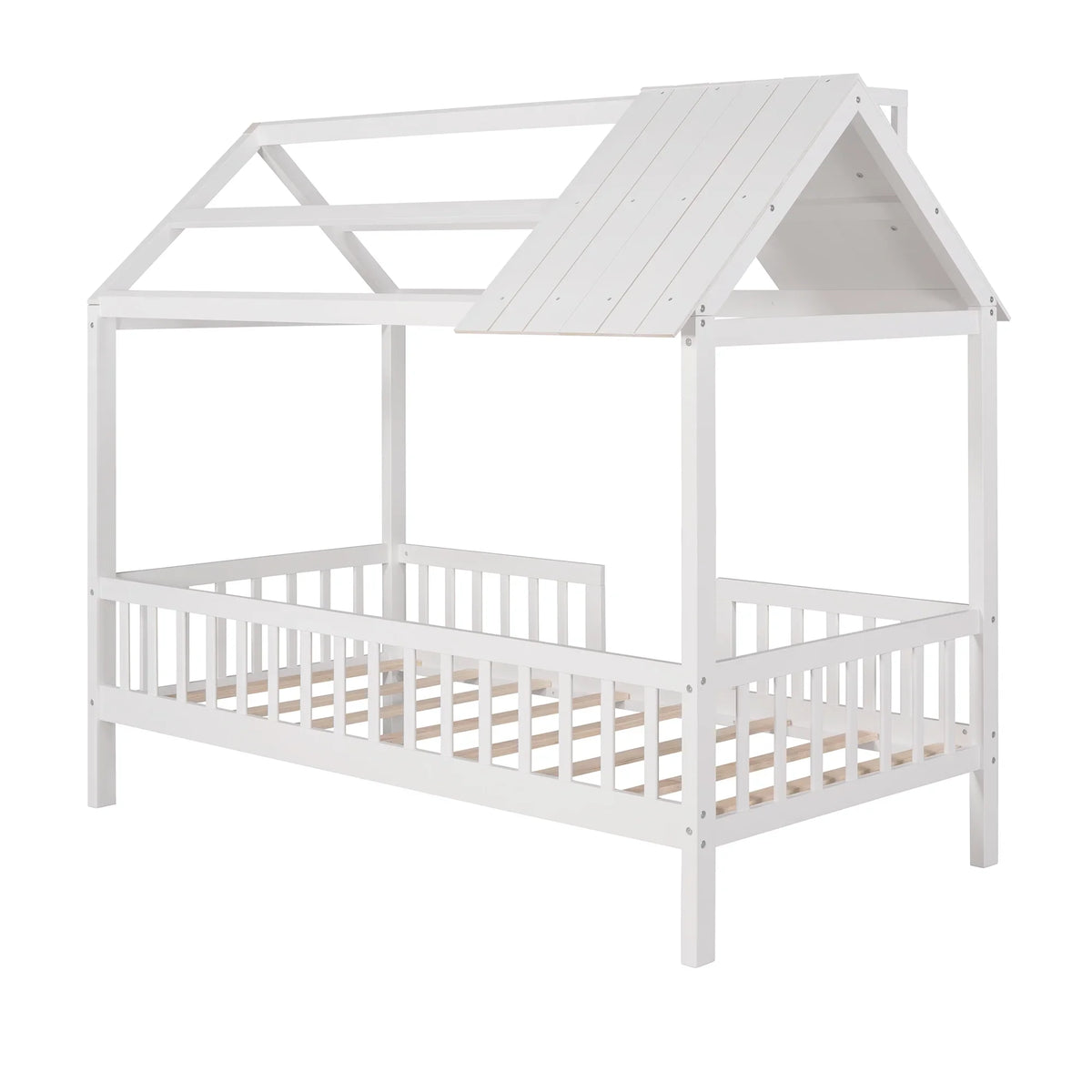 Euroco Twin Size Platform Bed, House Bed with Fence for Kids, Gray