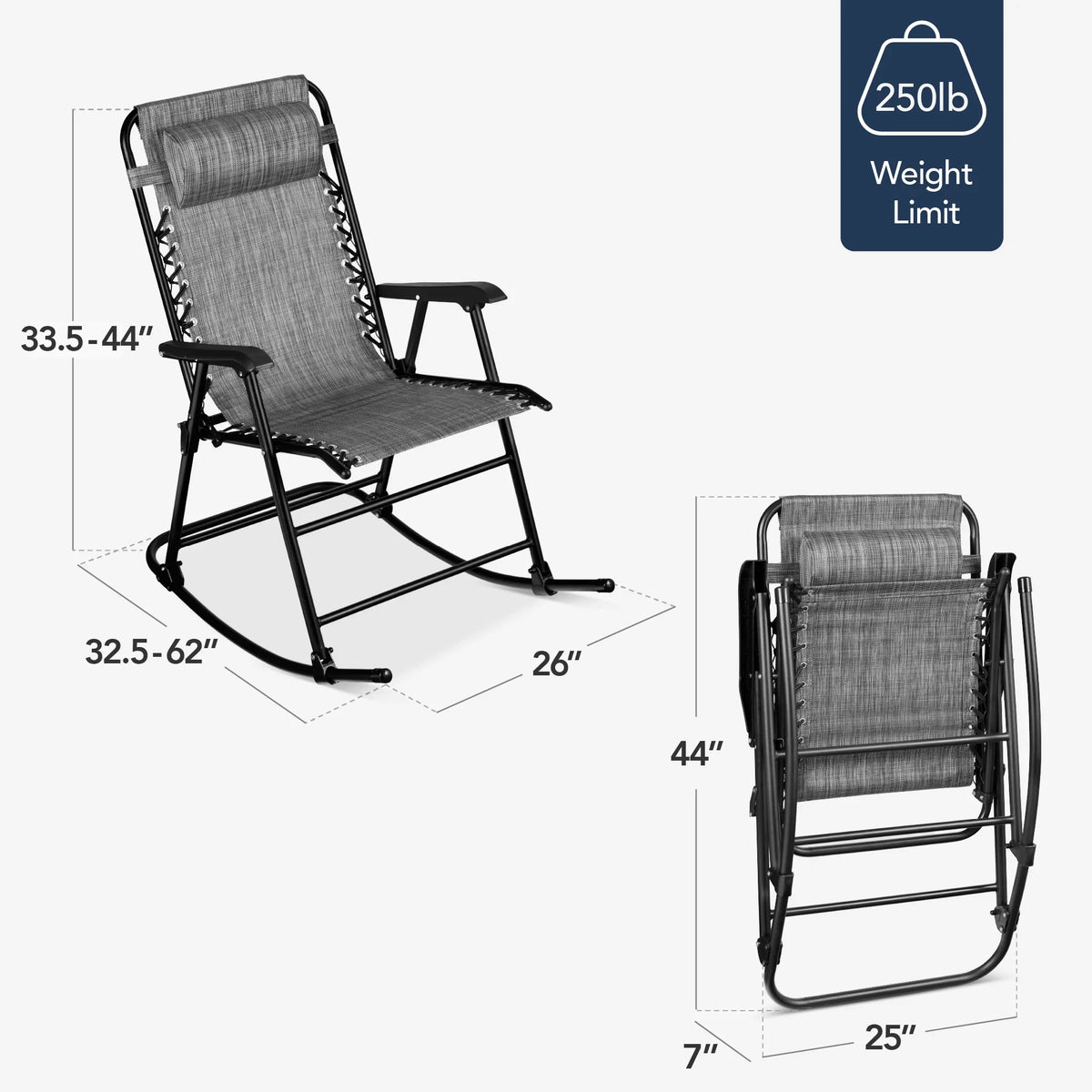 Best Choice Products Folding Outdoor Zero Gravity Rocking Lounge Chair w/ Headrest Pillow - Black