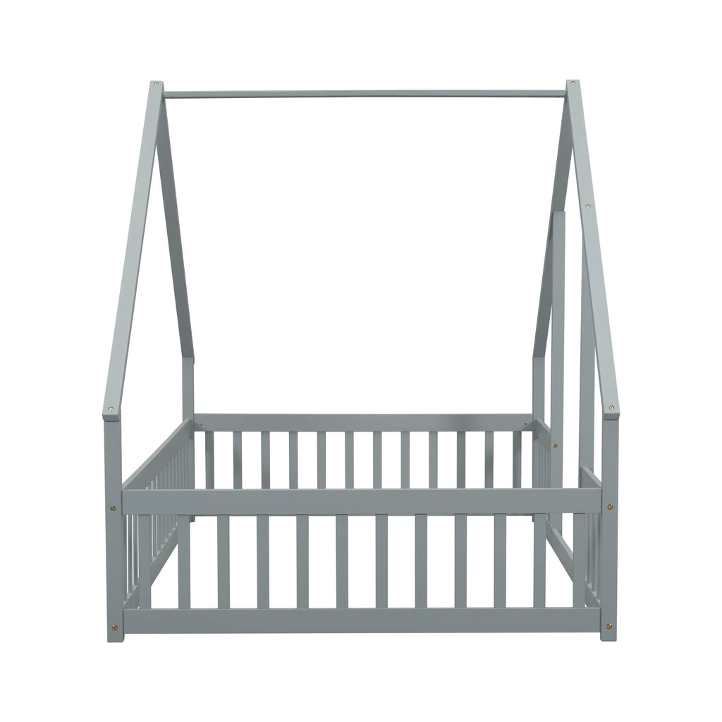 Bellemave Twin Size Floor Bed Frame, Wooden House Bed Twin Size with Fence, Montessori Bed with Guardrails for Bedroom (White)