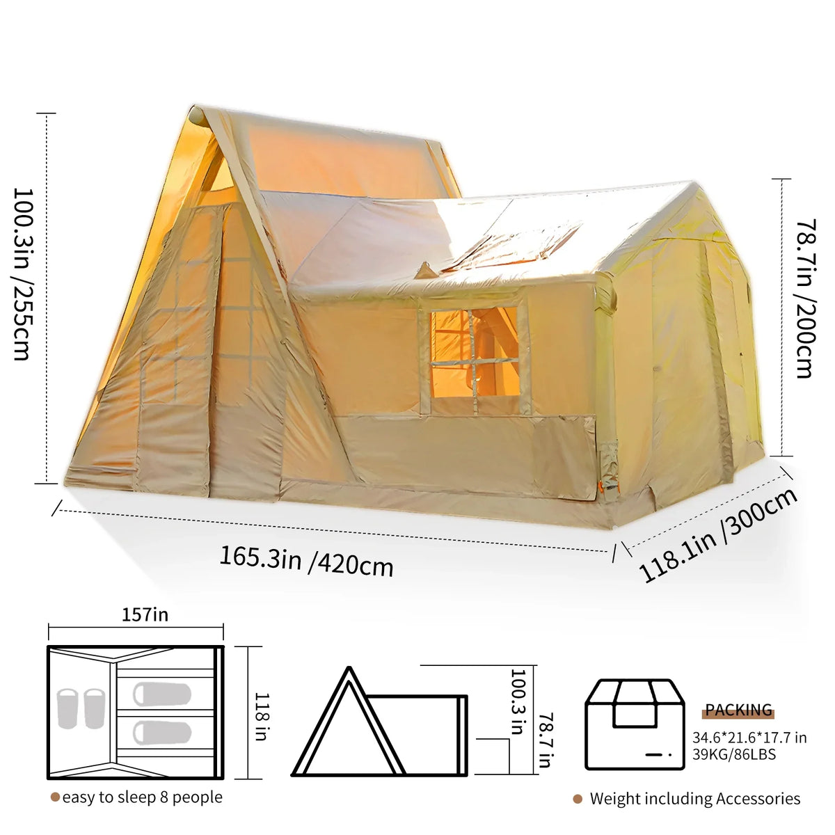 Inflatable Camping Tents 4/6/8/10 Person,129 Square Feets Large Blow up Tent with Stove Jack