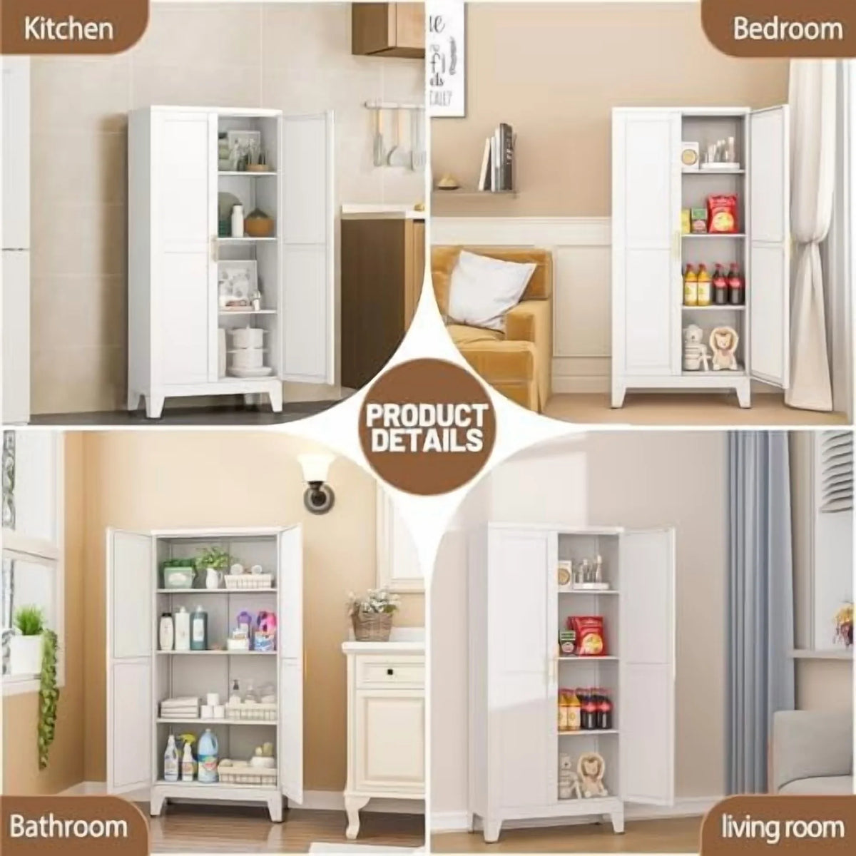 Metal Kitchen Pantry Storage Cabinet with 2 Doors and 3 Adjustable Shelves,Pantry Cabinet with Adjustable Leveling Foot for Kitchen, Living Room, Dining Room"White"