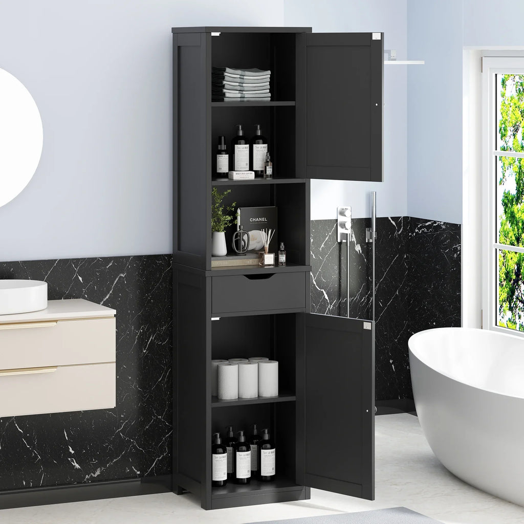 Walsunny Bathroom Storage Cabinet 64" Tall Wooden Kitchen Cupboard Pantry Cabinet with Doors Shelves Drawer Black