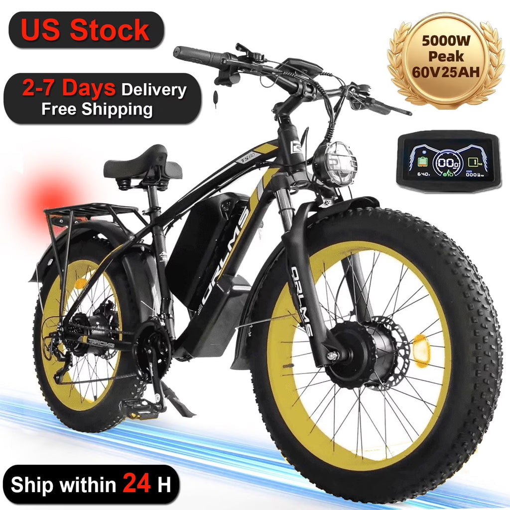 (US in Stock) 5000W Peak Dual Motor Electric Bike for Adults, 60V 25AH Removable Battery Ebike, 50MPH AWD 21-Speed Mountain Snow E-Bike with 26" x 4.0 Fat Tire, Long Range Mountain Off-Road EBikes