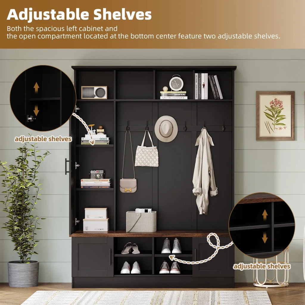 Hall Tree with Bench and Shoe Storage, 3-in-1 Hall Tree with Coat Rack, Adjustable Shoe Storage, 6 Hooks, 3 Cabinets, 4 Open Compartments, for Hallway, Entryway, Bedroom, Black