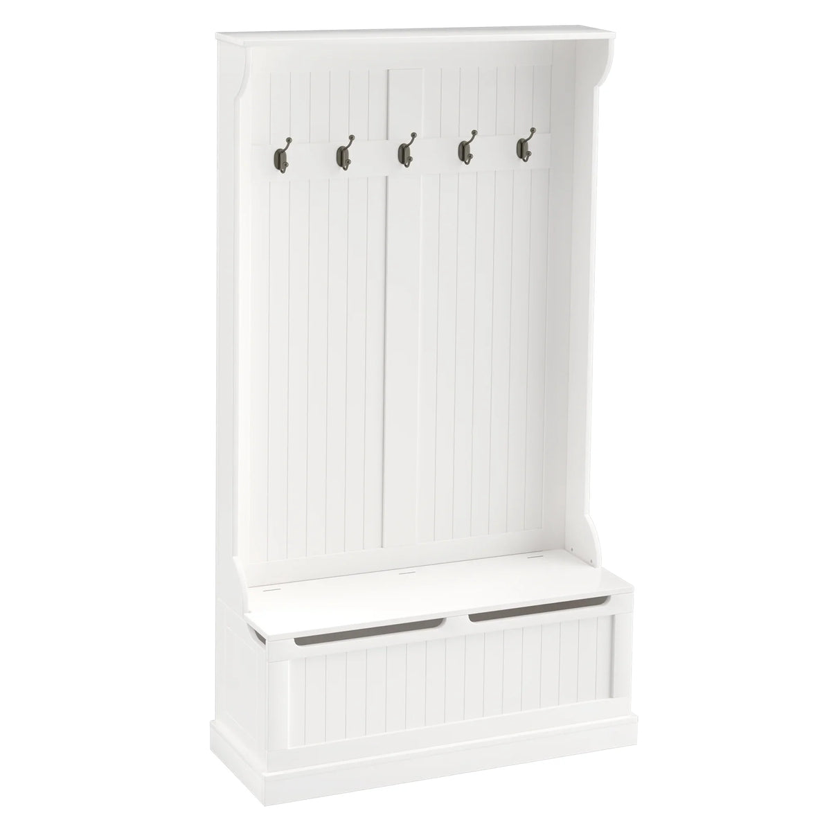 HOMCOM 3-In-1 Hall Tree Storage Bench and Coat Rack with 5 Steel Double Hooks, and Anti-Topple Anchor for Entryway, Cream White