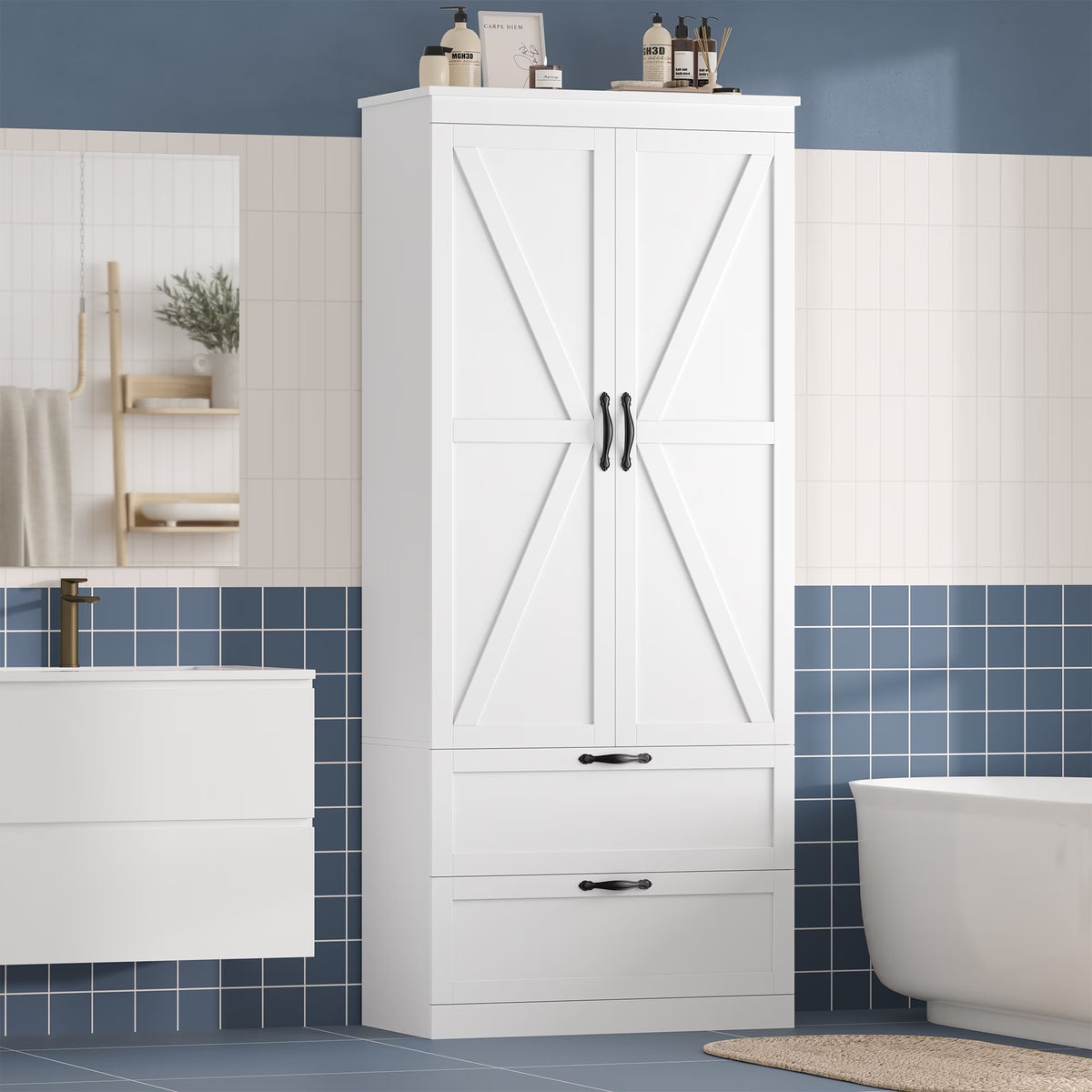 Homfa 70.3"H Bathroom Storage Cabinet, Farmhouse Linen Storage Cabinet with 2 Drawers, White