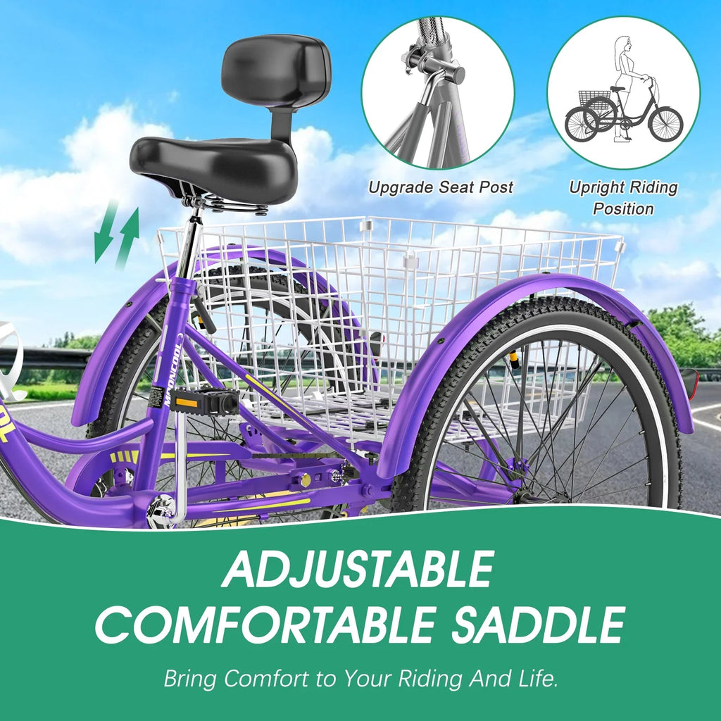 MOONCOOL Adult Tricycles with Rear Basket & Inflator, 24 26 inch 7 Speed 3 Wheel Bikes, Three-Wheeled Bicycles Adult Trike with Backrest for Seniors, Women, Men