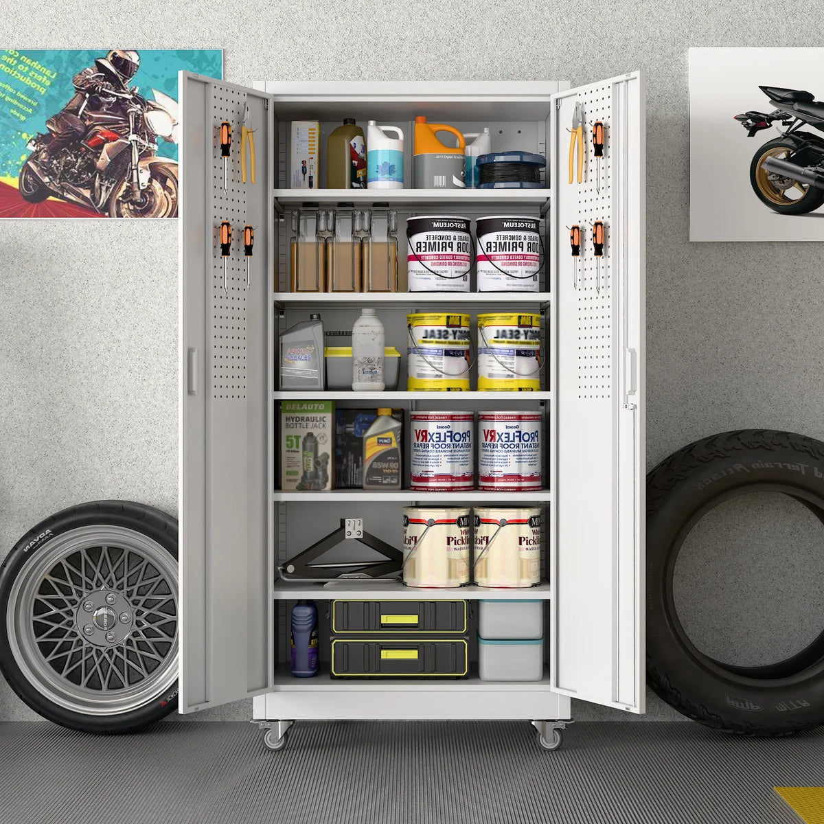GangMei 71 inches Tall Metal Rolling Garage Storage Cabinets with Locking Doors and 5 Adjustable Shelves, Metal Storage Cabinet for Garage, Office, Home, Classroom, Assemble Required(Black)