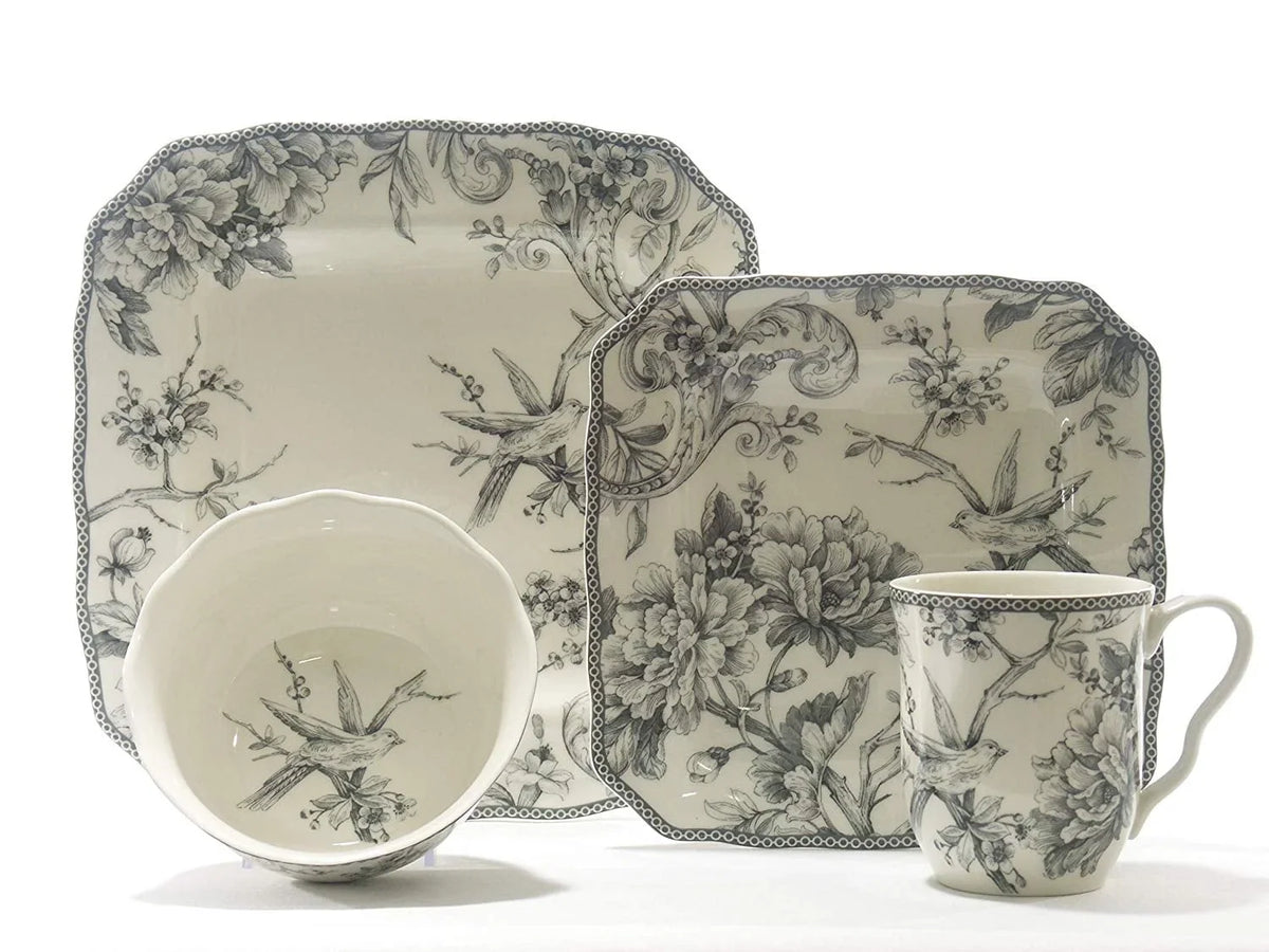222 Fifth Adelaide Round 16-Piece Porcelain Dinnerware Set, Black Toile