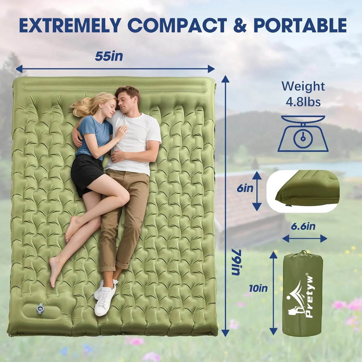 Double Sleeping Pad for Camping - 6" Ultra-Thick Camping Mattress with Pillow, Built-in Foot Pump, Compact 2-Person Portable Camping Mat for Backpacking, Hiking, Car Traveling, Beach, Tent