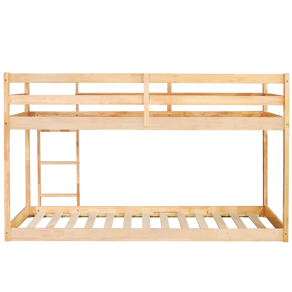 Twin Over Twin Floor Bunk Bed, UHOMEPRO Solid Wood Low Bunk Bed with Safety Rail, Ladder, Heavy Duty Bunk Beds, Space-Saving Bedroom Dorm Furniture, Gray