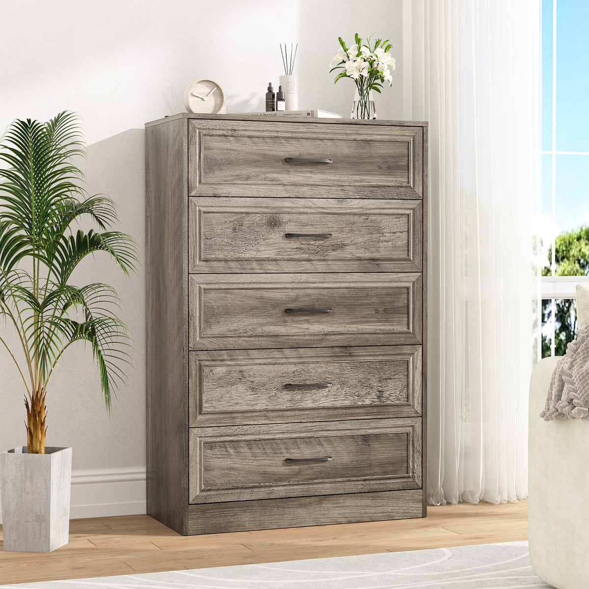 Vabches Farmhouse 5 Drawer Dresser with Metal Handle, Tall Wood Chest of Drawers for Living Room Bedroom,Dark Brown