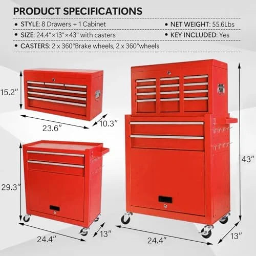 8-Drawer Rolling Tool Chest with Detachable Top Tool Box, Lockable Metal Tool Cabinet, and Liner, Heavy-Duty Storage Organizer with Wheels and 6 Hooks for Garage, Workshop, Green