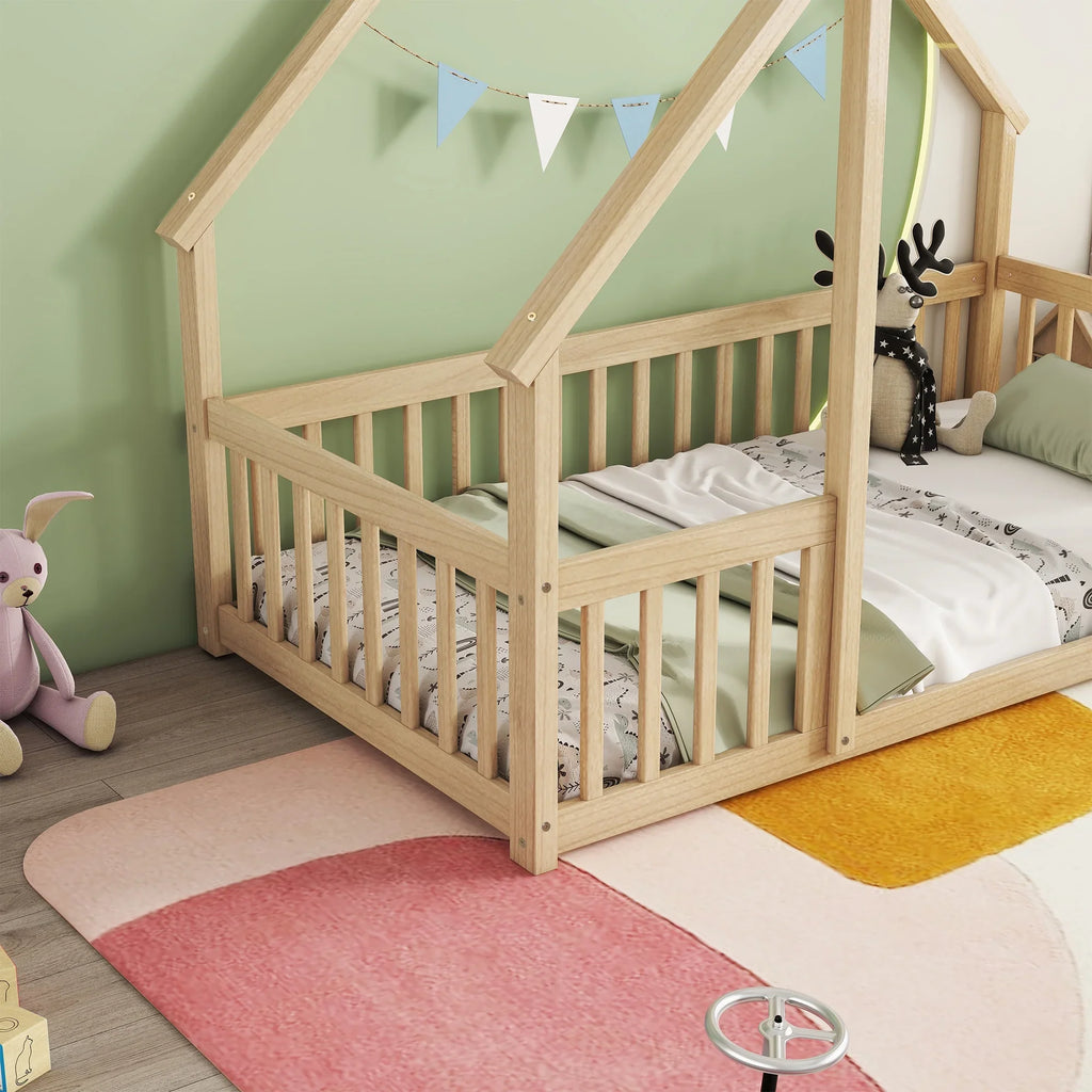 Bellemave Twin Size Floor Bed Frame, Wooden House Bed Twin Size with Fence, Montessori Bed with Guardrails for Bedroom (White)