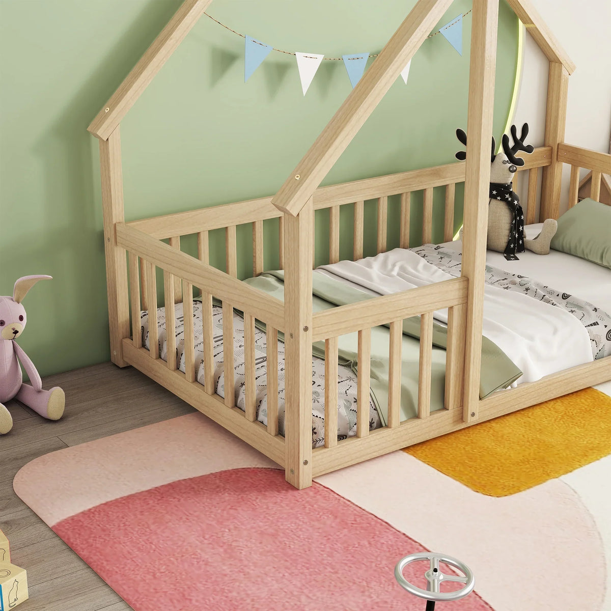 Bellemave Twin Size Floor Bed Frame, Wooden House Bed Twin Size with Fence, Montessori Bed with Guardrails for Bedroom (White)