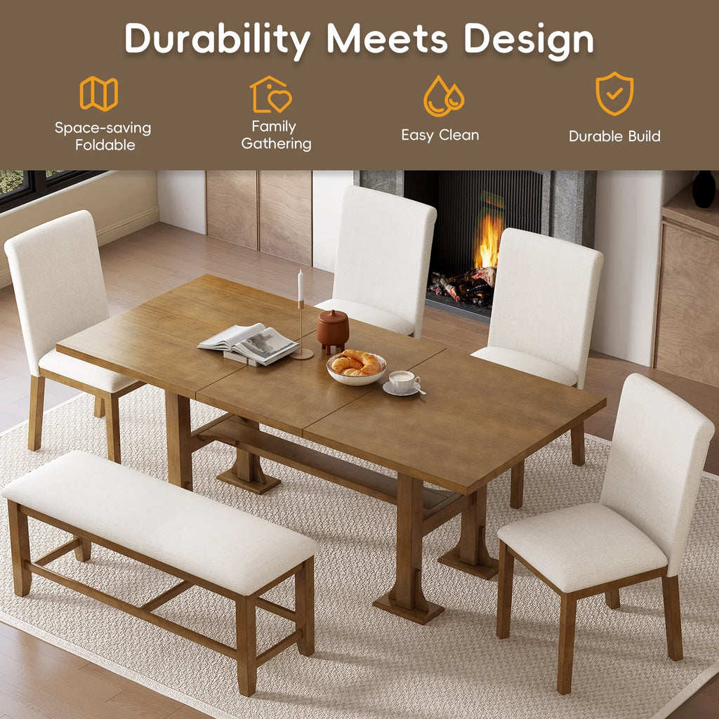 6 Piece Extendable Dining Table Set, Atumon Wood Dining Room Set for 6, Dining Table Set with 4 Cushioned Chairs and Bench, Farmhouse Dining Table Set Furniture for Kitchen Dining Room, Dark Brown