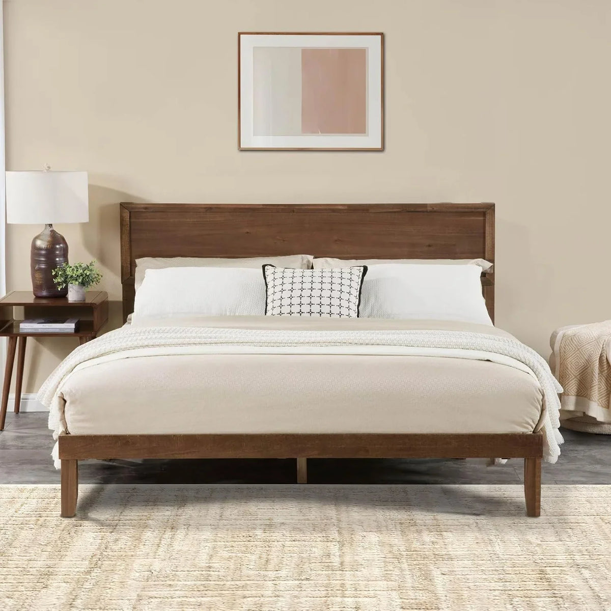 BISHE Wood King Size Bed Frame,Wooden King Platform Bed Frame with Headboard,Sturdy Rubber Modern Home Style Bed Frame for Bedroom, King