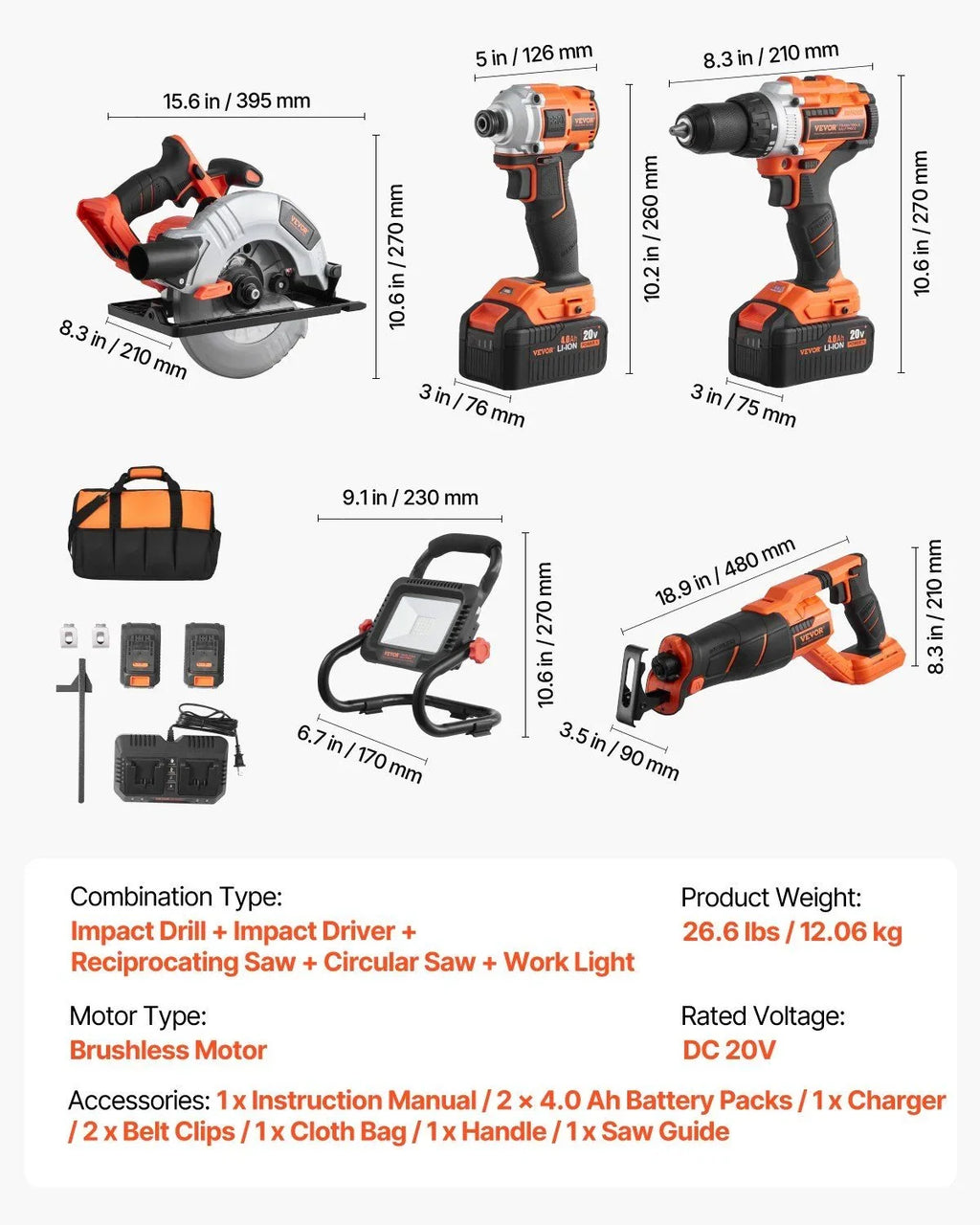 Tool Combo Kit 20V Brushless 5-Tool Cordless Power Tool Combo Kit with Batteries