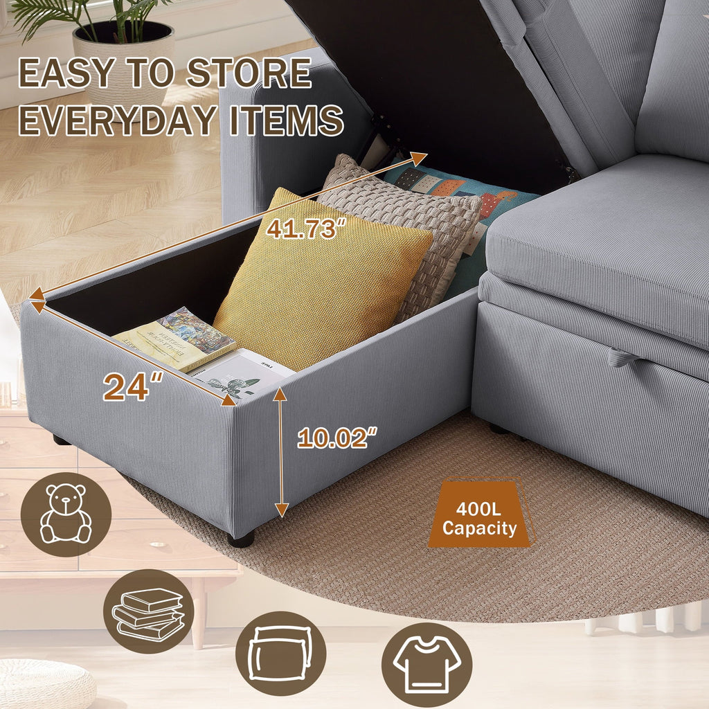 Pingliang Home Pull Out Sleeper Sofa Bed Sectional Sofa with Storage Chaise,L Shaped Sectionals Couches with Side Pockets,Modern Linen Reversible Sofa Couch for Living Room Apartment Office Studio