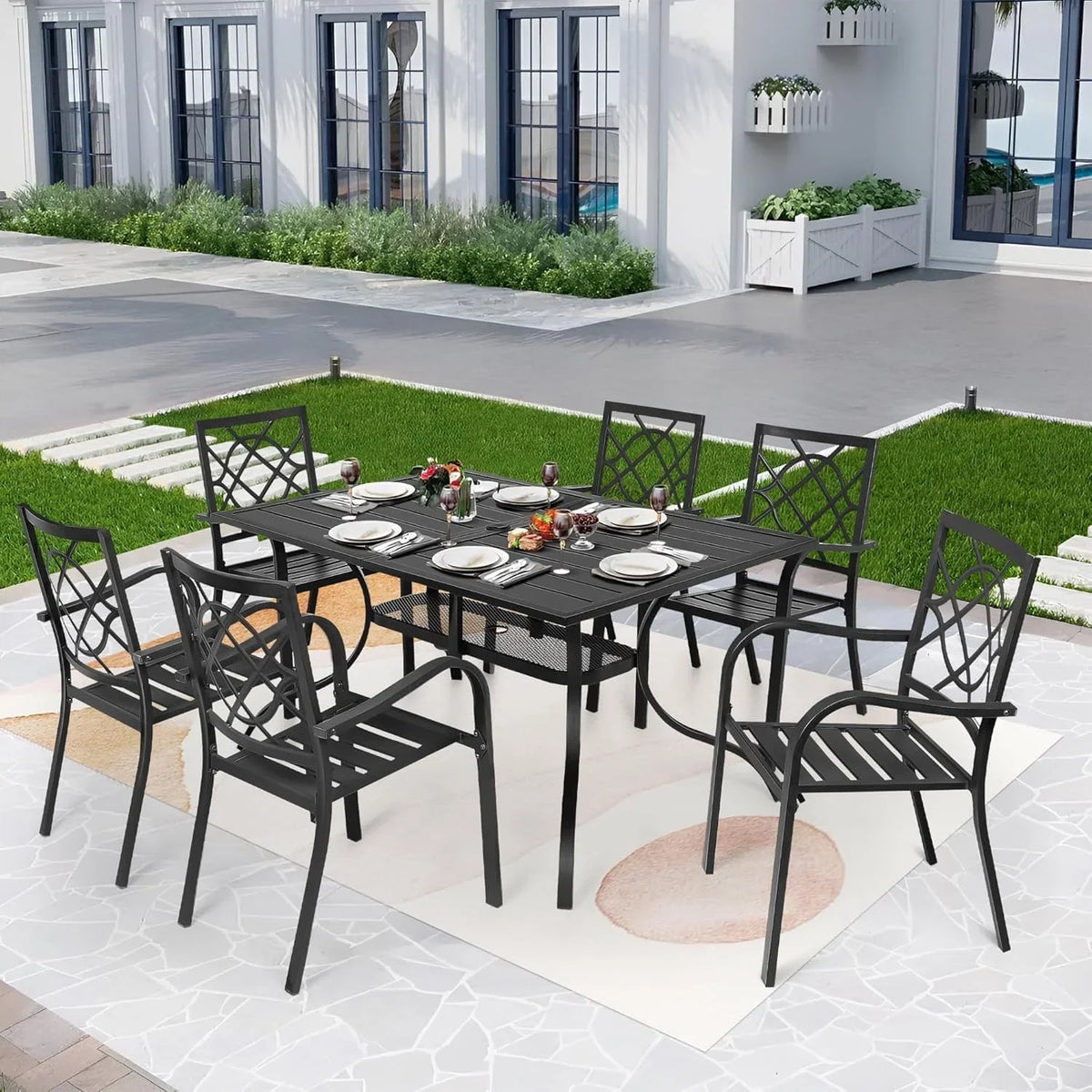 SUNCROWN 5-Piece Outdoor Wrought Iron Chairs and Table Patio Dining Furniture Set - 4 Stackable Metal Chairs, 1 Steel Slat Bistro Table and 1 Sky Blue 9Ft Patio Umbrella for Garden Backyard Deck
