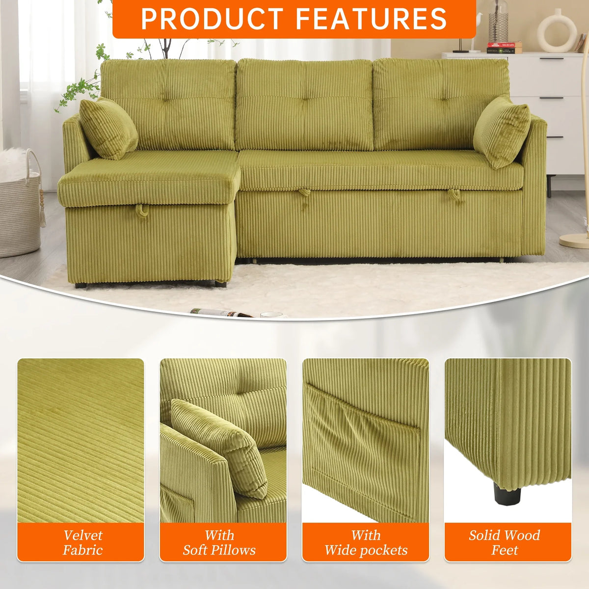 Villeston L-Shaped 3-Seat Sofa with Pull-Out Bed, with Storage Chaise Couch for Living Room, Chenille Fabric,Olive