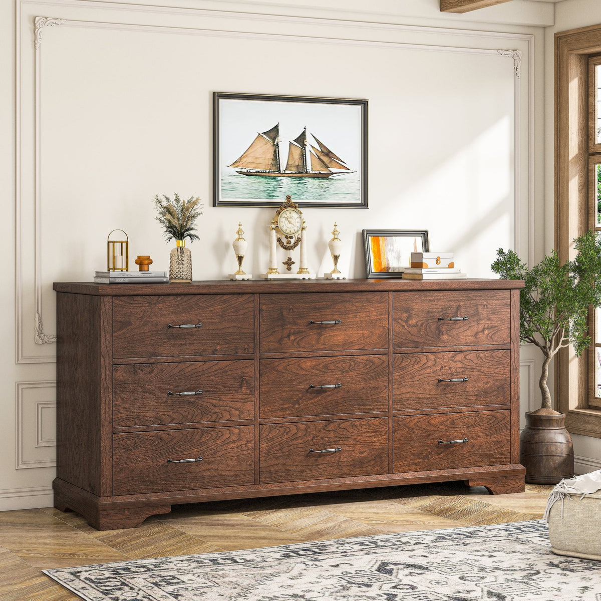 EnHomee Wood Dresser for Bedroom 9 Drawer Dressers&Chest of Drawers 63"L x 15.7"W x 31.5"H,Brown