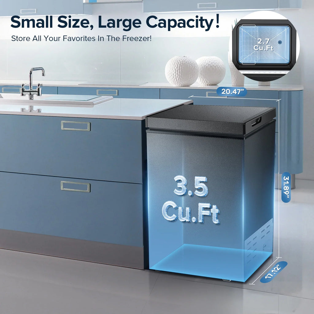 Auseo Mini Freezer Chest 3.5 cu ft, Black Deep Freezer & Side Handle, Compact Freezer with 7 Gear Adjustable Temperature, Removable Storage Basket*2, Energy Saving