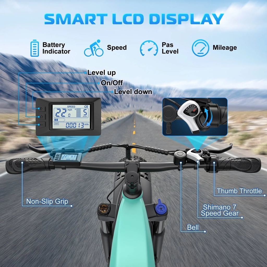 Gocio Electric Bike for Adults, 26" Fat Tire E-Mountain Bike, 1350W Peak Motor 48V 15Ah Battery, 22MPH 7-Speed Ebike for off Road, UL 2849