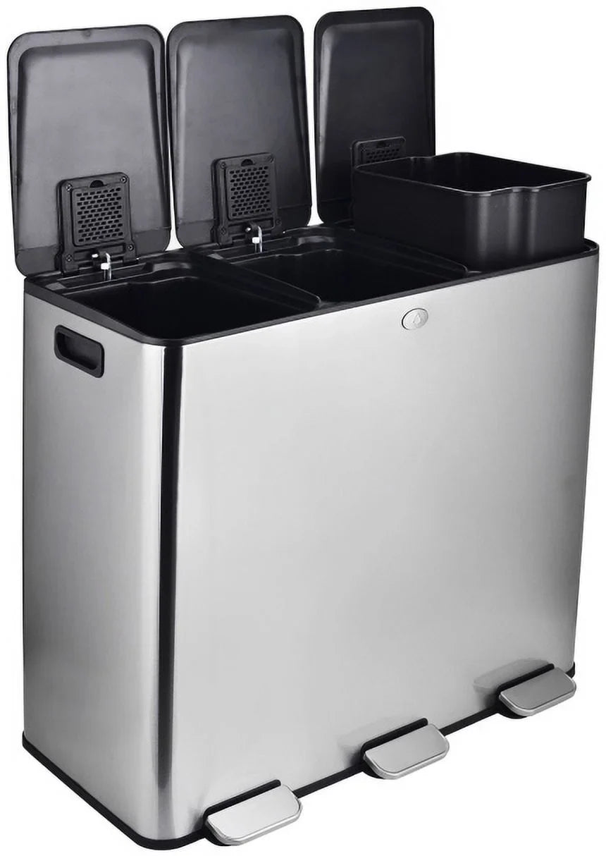 3 x 8 Gallon Kitchen Trash Can,Triple Trash Can with Lid 90 Liters,Stainless Steel 3 Compartment Trash and Recycle Bin Combo with Separated Lid and Foot Pedal Trash Can,Silver,24 Gallon Total