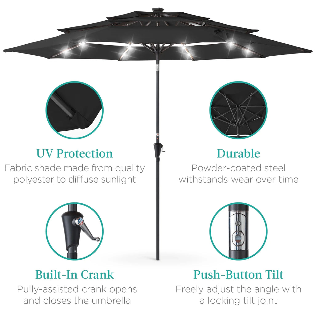 Best Choice Products 10ft 3-Tier Solar Patio Umbrella w/ 24 LED Lights, Tilt Adjustment, Easy Crank - Tan