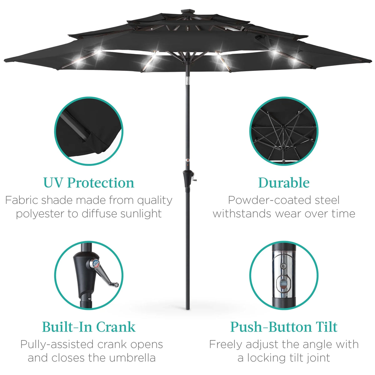 Best Choice Products 10ft 3-Tier Solar Patio Umbrella w/ 24 LED Lights, Tilt Adjustment, Easy Crank - Tan