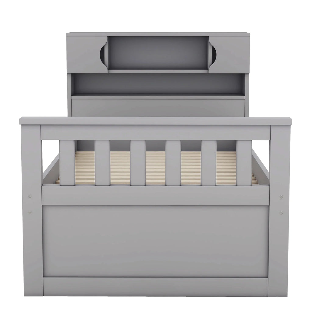 Euroco Wood Twin Size Platform Bed with Storage Headboard, Captain Bed with 4 Drawers, Bookcase and Cabinets, Gray