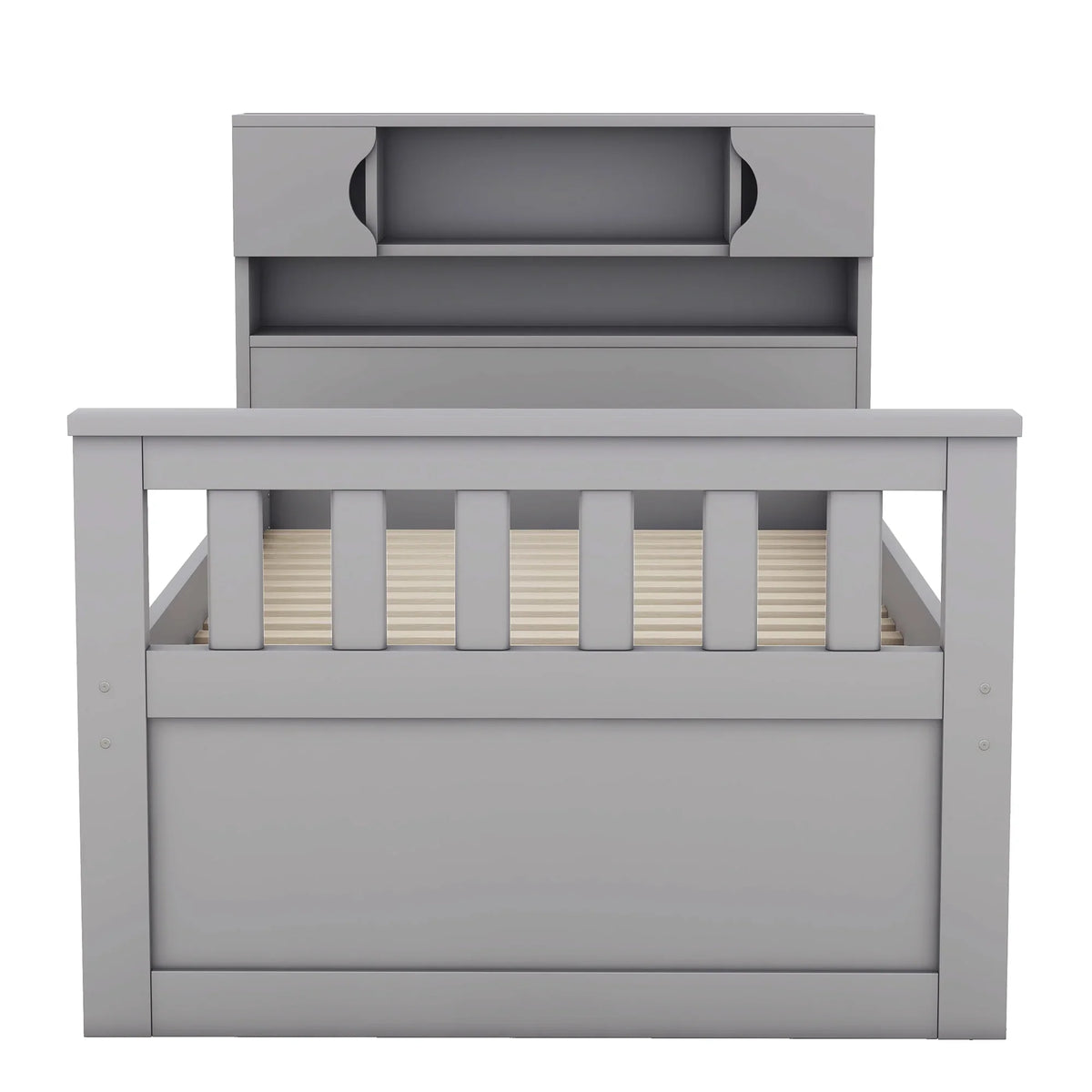 Euroco Wood Twin Size Platform Bed with Storage Headboard, Captain Bed with 4 Drawers, Bookcase and Cabinets, Gray