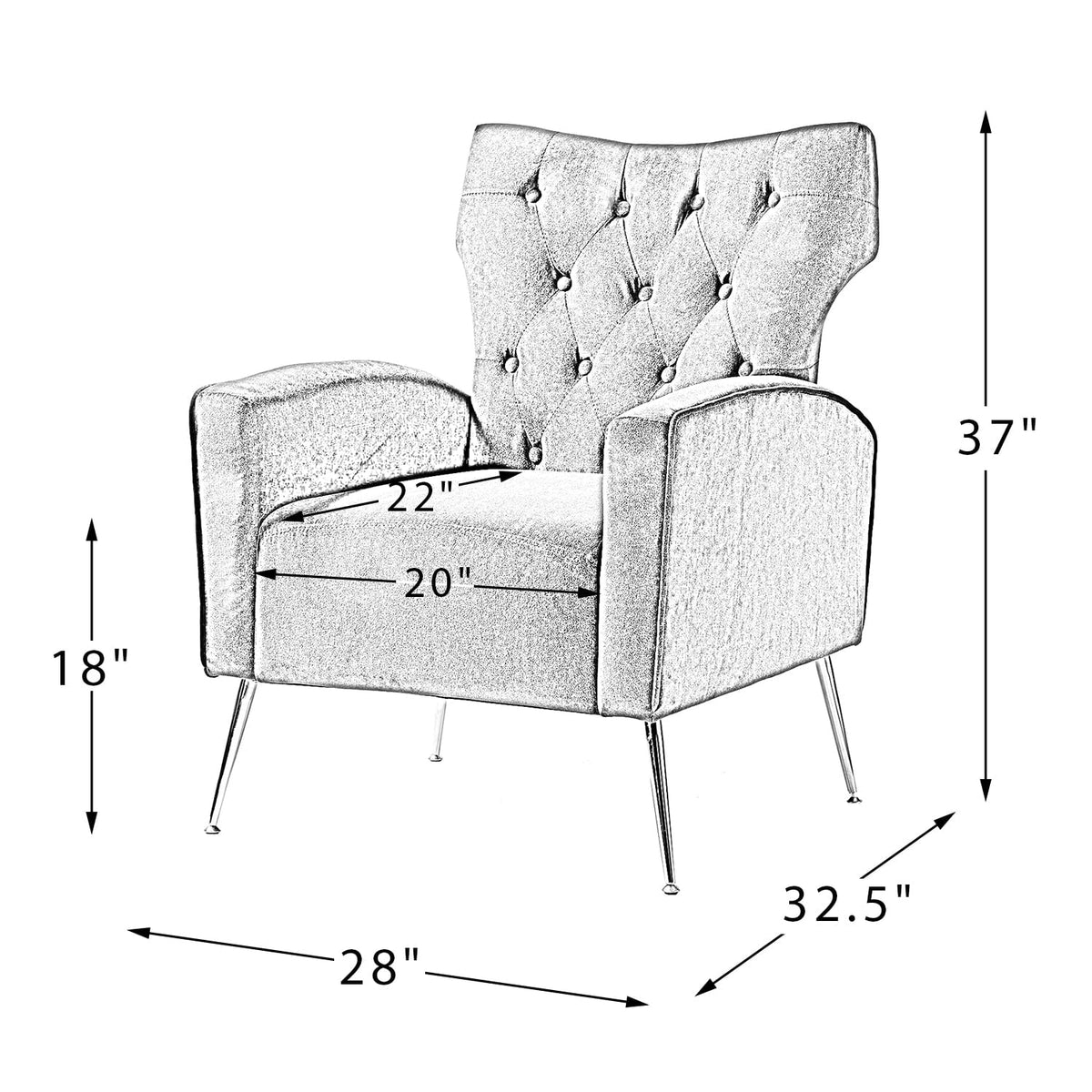 Modern Velvet Accent Chair Upholstered Sofa Armchair Button Tufted Metal Legs Adult Bedroom Home Living Room Grey
