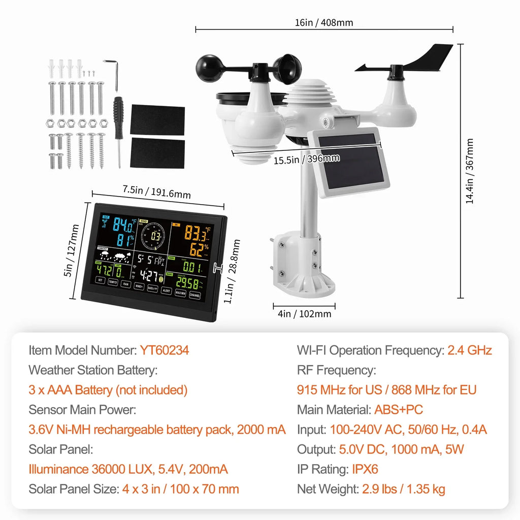 KFFKFF 7-in-1 Wi-Fi Weather Station 7.5-Inch Color Display Wireless Outdoor Sensor