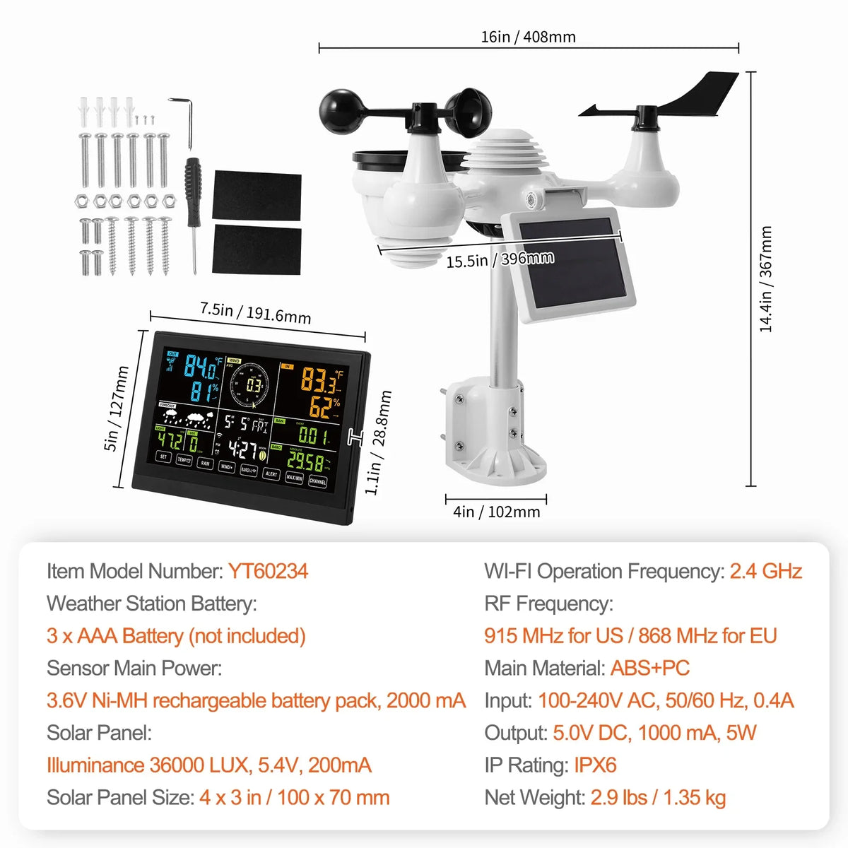 KFFKFF 7-in-1 Wi-Fi Weather Station 7.5-Inch Color Display Wireless Outdoor Sensor