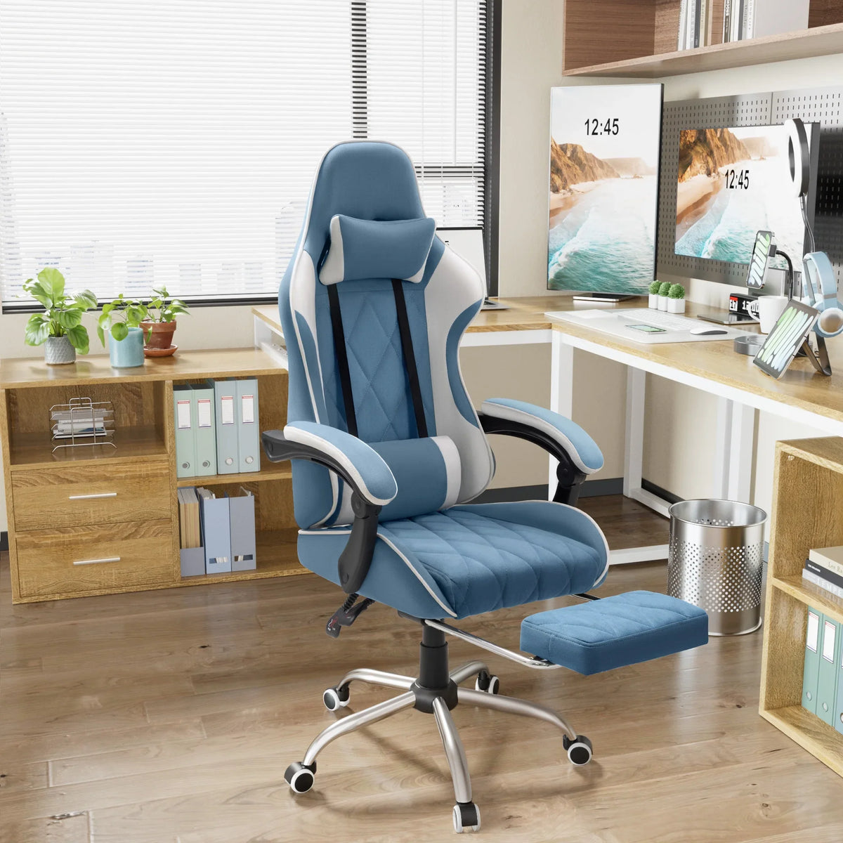 Homall Gaming Chair Fabric Computer Chair Massage Game Chair Cloth Office Chair with Headrest, Lumbar Support & Footrest,Gray