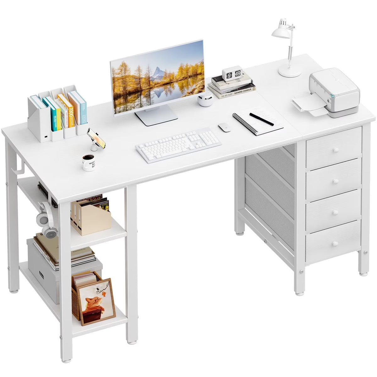 Lufeiya White Desk with Drawers & Storage Shelves, 47 Inch Study Work Writing Desk for Home Office Bedroom, Simple Modern Cute PC Computer Desks Table, White