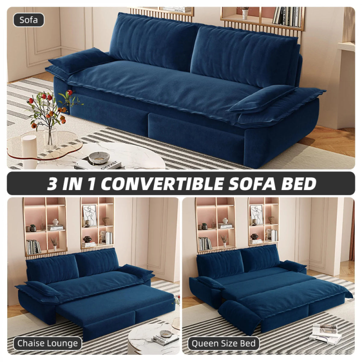 66" Queen Pull Out Sofa Bed, 3-in-1 Convertible Sleeper Sofa with Side Storage,Multi-Functional Velvet Loveseat Bed for Living Room,Bedroom