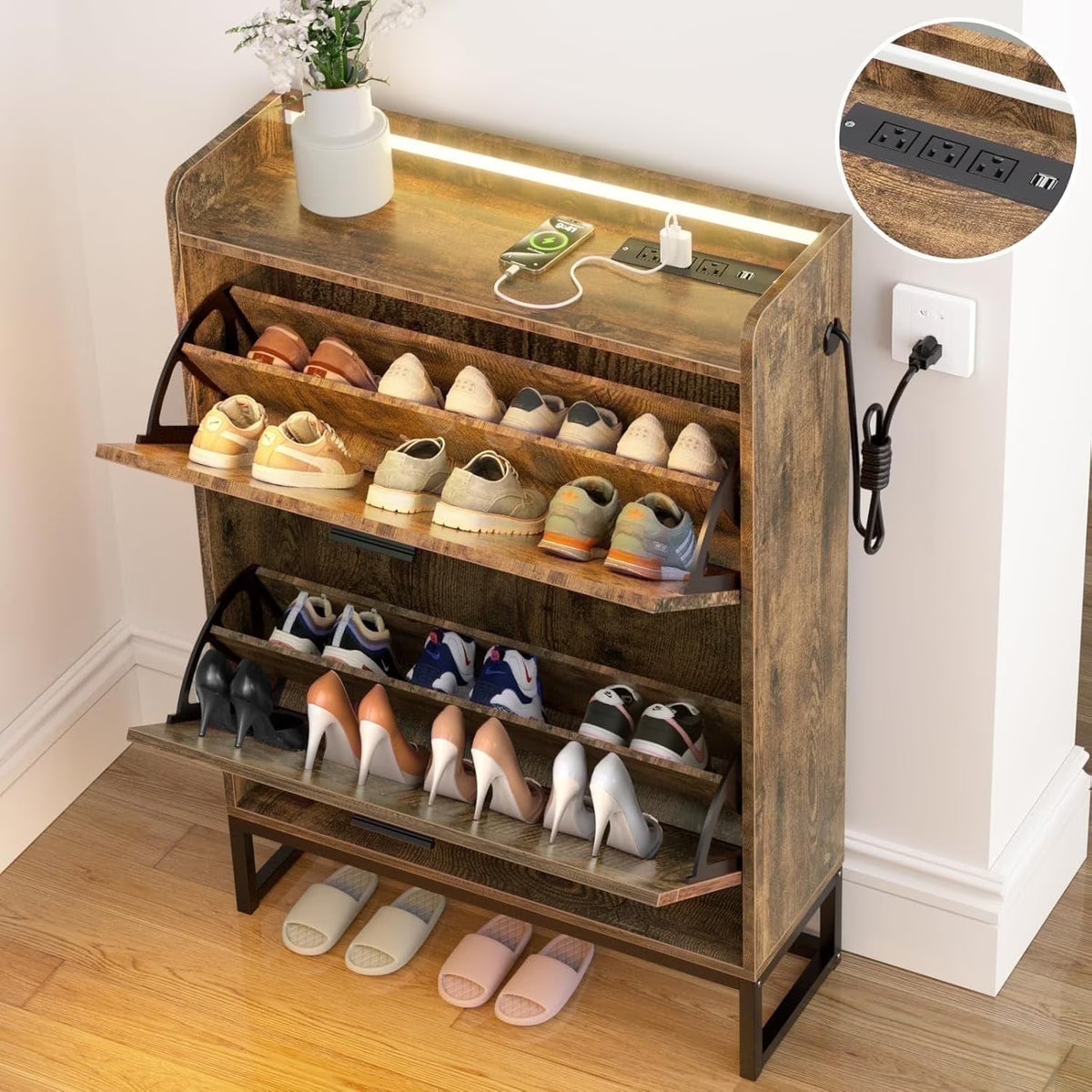 HAIOOU Shoe Storage Cabinet, Wood Shoe cabinet with Adjustable Shelf for Entryway with 3 Flip Drawers,Rustic Brown