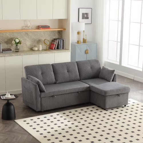 Villeston L-Shaped 3-Seat Sofa with Pull-Out Bed, with Storage Chaise Couch for Living Room, Chenille Fabric,Olive