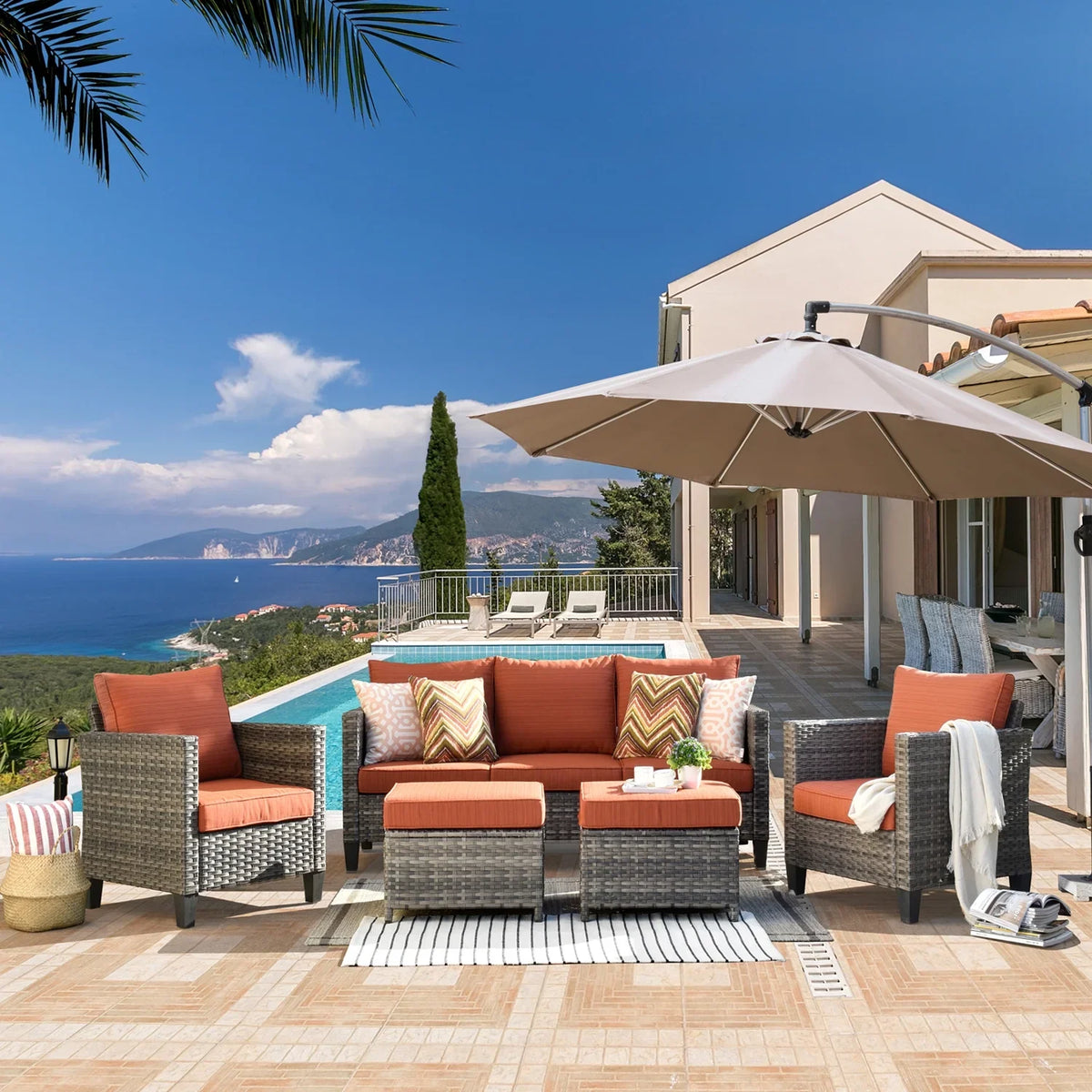 Ovios 5 Pieces Outdoor Patio Furniture Set Wicker Rattan Outdoor Conversation Comfortable Sectional Sofa with Steel Frame, Grey