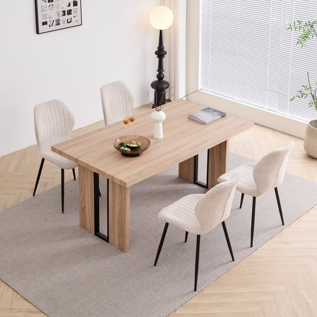 5pcs Rectangle Dining Table Chairs Set for 4, 63" Farmhouse Wood Kitchen Table with 4 Upholstered Mid Century Modern Boucle Chairs for Dinner, Living Dining Room, Apartment, Beige