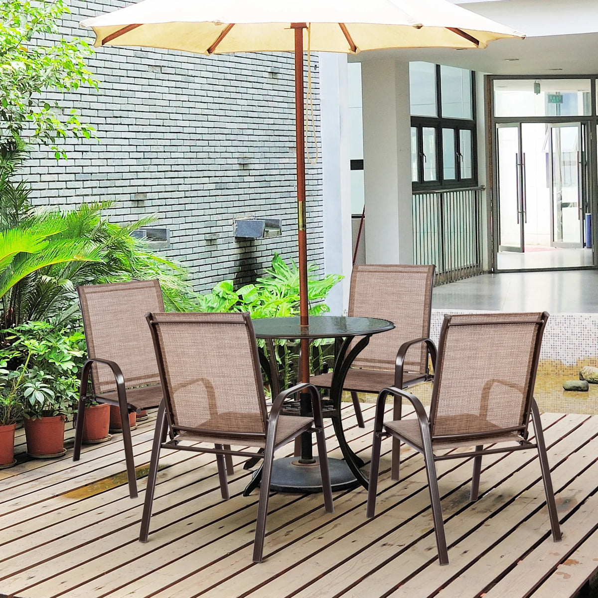 Gymax Set of 4 Patio Chairs Dining Chairs w/ Steel Frame Yard Outdoor Grey