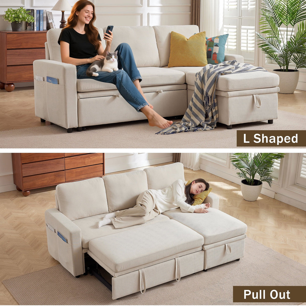 Pingliang Home Pull Out Sleeper Sofa Bed Sectional Sofa with Storage Chaise,L Shaped Sectionals Couches with Side Pockets,Modern Linen Reversible Sofa Couch for Living Room Apartment Office Studio